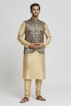 Buy_Arihant Rai Sinha_Blue Brocade, Silk Embroidery Navy Woven Geometric Bundi Kurta Set _at_Aza_Fashions