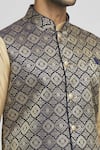 Arihant Rai Sinha_Blue Brocade, Silk Embroidery Navy Woven Geometric Bundi Kurta Set _at_Aza_Fashions