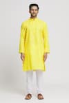 Buy_Arihant Rai Sinha_Yellow Kurta Cotton Plain Mandarin Collar And Churidar Set _Online_at_Aza_Fashions