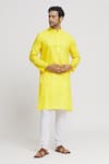 Shop_Arihant Rai Sinha_Yellow Kurta Cotton Plain Mandarin Collar And Churidar Set _Online_at_Aza_Fashions