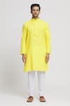 Buy_Arihant Rai Sinha_Yellow Kurta Cotton Plain Mandarin Collar Straight Churidar Set _Online_at_Aza_Fashions