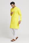 Shop_Arihant Rai Sinha_Yellow Kurta Cotton Plain Mandarin Collar Straight Churidar Set _Online_at_Aza_Fashions