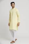 Buy_Arihant Rai Sinha_Yellow Kurta Cotton Textured Mandarin Collar Set _Online_at_Aza_Fashions