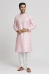 Buy_Arihant Rai Sinha_Pink Silk Blend Plain Band Collar Straight Kurta And Churidar Set_at_Aza_Fashions
