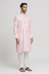 Shop_Arihant Rai Sinha_Pink Silk Blend Plain Band Collar Straight Kurta And Churidar Set_Online_at_Aza_Fashions