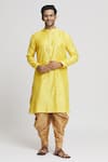 Buy_Arihant Rai Sinha_Yellow Silk Blend Plain Long Sleeve Band Collar Kurta And Dhoti Pant Set _at_Aza_Fashions