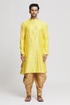 Arihant Rai Sinha_Yellow Silk Blend Plain Long Sleeve Band Collar Kurta And Dhoti Pant Set _Online_at_Aza_Fashions