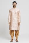 Arihant Rai Sinha_Peach Silk Blend Plain Floral Pattern Band Collar Kurta And Dhoti Pant Set _Online_at_Aza_Fashions