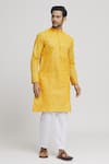 Buy_Arihant Rai Sinha_Orange Cotton Textured Pattern Mandarin Collar Kurta With Pant _at_Aza_Fashions