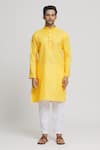 Arihant Rai Sinha_Yellow Cotton Solid Band Collar Kurta With Pant _Online_at_Aza_Fashions