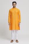 Arihant Rai Sinha_Orange Cotton Textured Band Collar Kurta With Pant _Online_at_Aza_Fashions