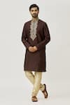 Buy_Arihant Rai Sinha_Brown Kurta Art Silk Embroidered Aari Placket And Churidar Set _at_Aza_Fashions