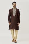 Arihant Rai Sinha_Brown Kurta Art Silk Embroidered Aari Placket And Churidar Set _Online_at_Aza_Fashions