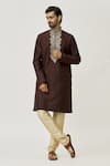 Buy_Arihant Rai Sinha_Brown Kurta Art Silk Embroidered Aari Placket And Churidar Set _Online_at_Aza_Fashions