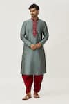 Buy_Arihant Rai Sinha_Grey Kurta Art Silk Embroidered Thread Placket Work And Maroon Dhoti Pant Set _at_Aza_Fashions