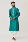 Buy_Arihant Rai Sinha_Green Silk Embroidery Placket Thread Kurta And Dhoti Pant Set _at_Aza_Fashions