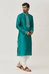 Buy_Arihant Rai Sinha_Green Silk Embroidery Placket Thread Kurta And Dhoti Pant Set _Online_at_Aza_Fashions