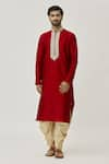 Buy_Arihant Rai Sinha_Maroon Kurta Art Silk Embroidered Placket Work And Dark Beige Dhoti Pant Set _at_Aza_Fashions