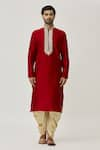 Arihant Rai Sinha_Maroon Kurta Art Silk Embroidered Placket Work And Dark Beige Dhoti Pant Set _Online_at_Aza_Fashions