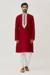 Arihant Rai Sinha_Maroon Kurta Art Silk Embroidered Abstract Placket Work And Dhoti Pant Set _Online_at_Aza_Fashions