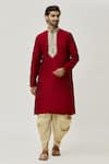 Buy_Arihant Rai Sinha_Maroon Kurta Art Silk Embroidered Floral Placket Work And Dhoti Pant Set _at_Aza_Fashions