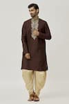 Buy_Arihant Rai Sinha_Brown Kurta Art Silk Embroidered Leaf Placket And Dhoti Pant Set _at_Aza_Fashions