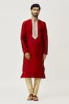 Buy_Arihant Rai Sinha_Maroon Kurta Art Silk Embroidered Placket Work And Dark Beige Churidar Set _at_Aza_Fashions