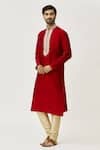 Arihant Rai Sinha_Maroon Kurta Art Silk Embroidered Placket Work And Dark Beige Churidar Set _Online_at_Aza_Fashions