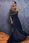 Buy_AMKA_Blue Natural Silk Embroidered Mirror Sweetheart Kayak Maxi Dress With Ara Cape _at_Aza_Fashions