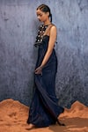 AMKA_Blue Natural Silk Embroidered Mirror Sweetheart Kayak Maxi Dress With Ara Cape _Online_at_Aza_Fashions