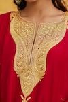 Weaver Story_Red Silk, Georgette Embroidery Split V-neck Tilla Hand Kurta Set _at_Aza_Fashions