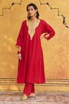 Buy_Weaver Story_Red Silk, Georgette Embroidery Split V-neck Tilla Hand Kurta Set 