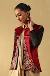 Shop_Weaver Story_Maroon Velvet Embroidery Round Neck Floral Zardozi Hand Jacket _at_Aza_Fashions