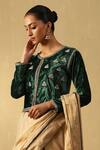 Weaver Story_Green Velvet Embroidery Round Neck Zardozi Hand Cropped Jacket _Online_at_Aza_Fashions