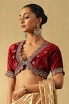 Buy_Weaver Story_Maroon Velvet Hand Embroidered Zardozi Plunged V Blouse _at_Aza_Fashions