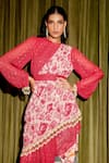 Shop_Gauri Dhawan_Pink Cupro Satin Printed Floral Round Asymmetric Embellished Tunic Pant Set _Online_at_Aza_Fashions