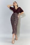 Buy_Cham Cham_Wine Stretch Knit Embellished Sequin V Neck Draped Dress _at_Aza_Fashions