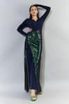 Buy_Cham Cham_Blue Stretch Knit Embellished Sequin V Neck Solid Jumpsuit With Overlap Drape _at_Aza_Fashions