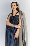 Cham Cham_Blue Stretch Lame V Neck Metallic Gathered Gown _Online_at_Aza_Fashions