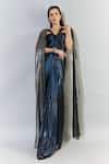 Buy_Cham Cham_Blue Stretch Lame V Neck Metallic Gathered Gown _Online_at_Aza_Fashions