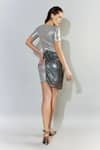 Shop_Cham Cham_Silver Stretch Knit Printed Asymmetric Metallic Drape Dress _at_Aza_Fashions