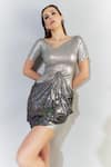 Cham Cham_Silver Stretch Knit Printed Asymmetric Metallic Drape Dress _Online_at_Aza_Fashions