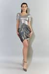 Buy_Cham Cham_Silver Stretch Knit Printed Asymmetric Metallic Drape Dress _Online_at_Aza_Fashions