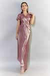 Buy_Cham Cham_Pink Stretch Lame V Neck Metallic Flutter Sleeve Gathered Gown _at_Aza_Fashions