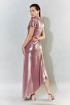 Shop_Cham Cham_Pink Stretch Lame V Neck Metallic Flutter Sleeve Gathered Gown _at_Aza_Fashions