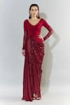 Buy_Cham Cham_Red Stretch Knit Embellished Sequin V Neck Cowl Gown _at_Aza_Fashions