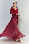 Buy_Cham Cham_Red Stretch Knit Embellished Sequin V Neck Cowl Gown _Online_at_Aza_Fashions