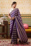 Shop Soup By Sougat Paul Purple Crepe Embroidery Round Neck Bloom Stripe Saree With Botanic Print Blouse Online at Aza Fashions Shop_Soup By Sougat Paul_Purple Crepe Embroidery Round Neck Bloom Stripe Saree With Botanic Print Blouse _Online_at_Aza_Fashions