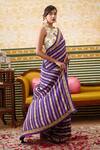 Soup By Sougat Paul Purple Crepe Embroidery Round Neck Bloom Stripe Saree With Botanic Print Blouse at Aza Fashions Soup By Sougat Paul_Purple Crepe Embroidery Round Neck Bloom Stripe Saree With Botanic Print Blouse _at_Aza_Fashions
