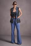 Buy_QALA CLOTHING_Black Suede And Tweed Plain Top Scoop Neck Vallery Jacket Pant Set _at_Aza_Fashions